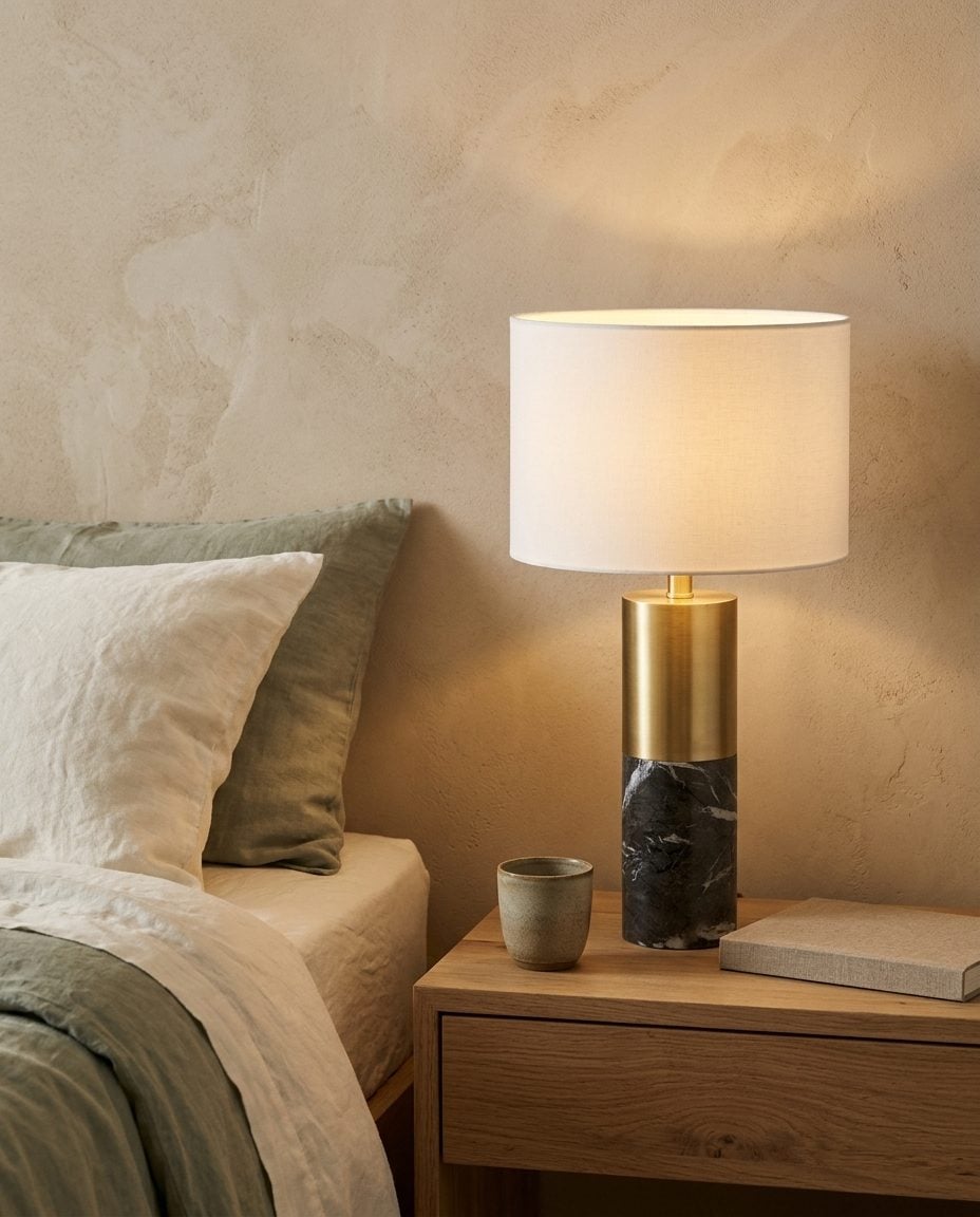 A black marble and brass table lamp glowing on an oak bedside table