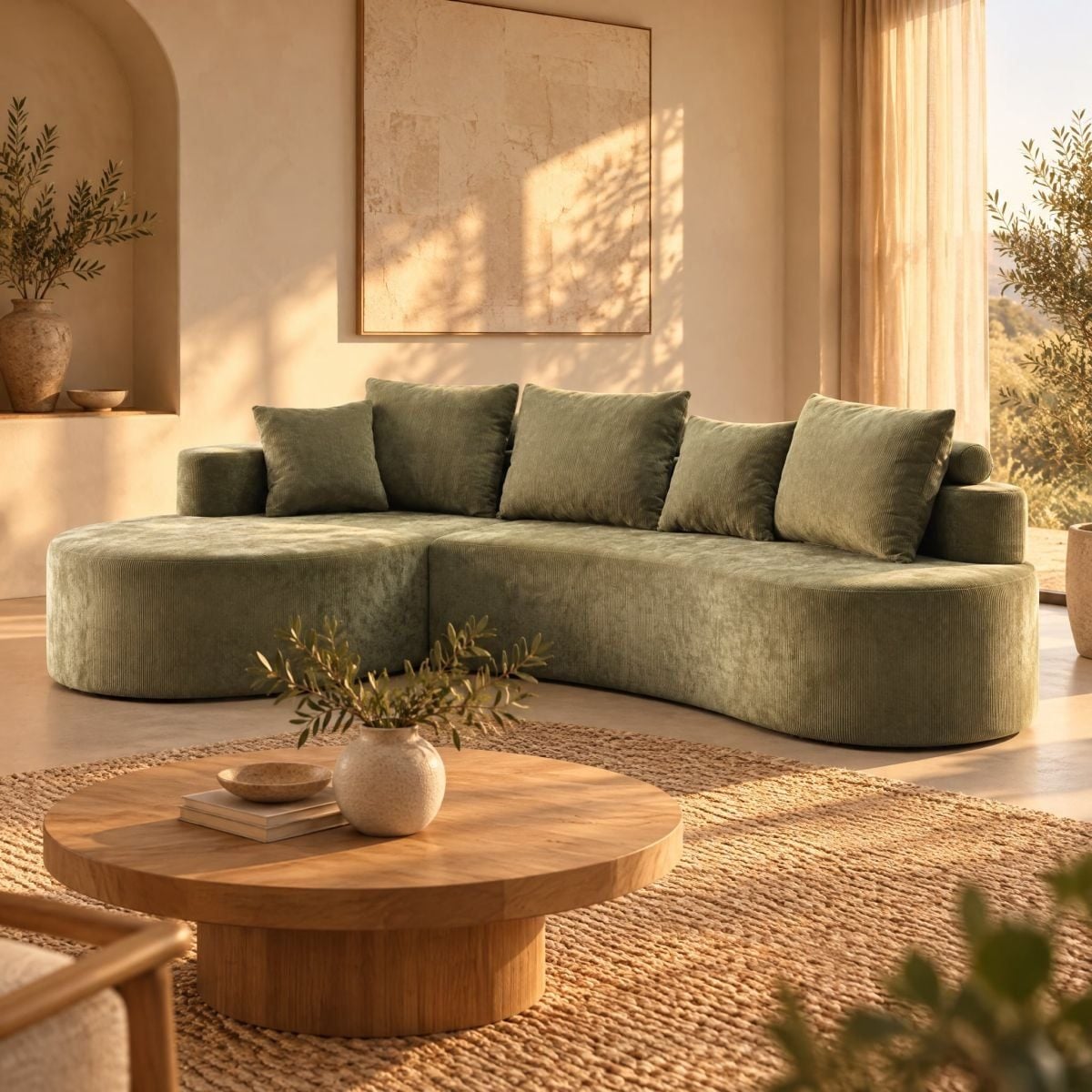 The Nuvola curved cloud sofa in sage chenille in a sunlit living room with a round oak coffee table