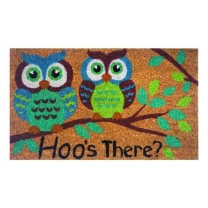 Coir door mat with two colourful owls reading Hoo's There