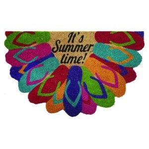 Half-moon coir door mat with colourful thongs reading It's Summer time